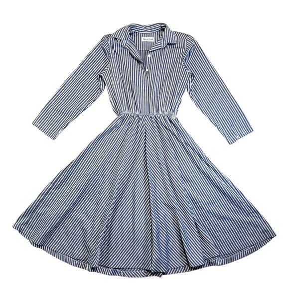 Vintage 80s Pin Stripe Casual Button Front Midi Business Day Dress - Size 12 - Picture 1 of 9
